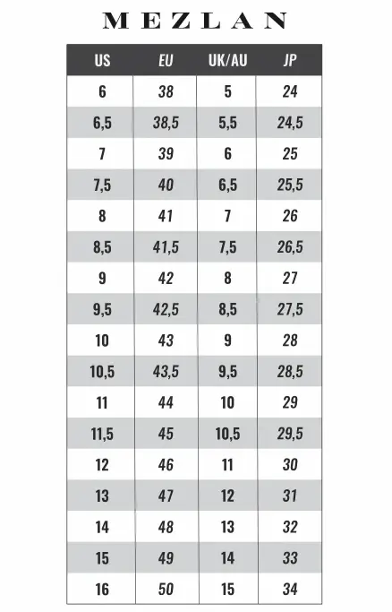 Mezlan shoe size chart